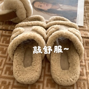 阿尔巴卡羊~INS自留毛毛拖鞋女秋冬羊羔毛外穿暖绒休闲厚底棉拖鞋