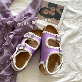 INS刺绣厚底勃肯鞋 休闲露趾拖鞋 女夏季 葡萄紫奶呼呼 沙滩罗马凉鞋