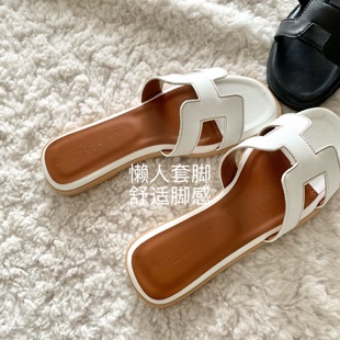 女夏百搭外穿 马场日记 INS单依纯同款 巨好看方头沙滩拖鞋 一字凉鞋