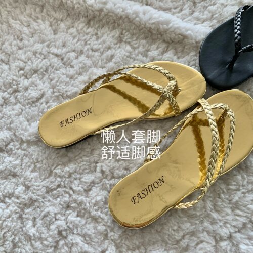 韩国ins夏平底金色人字拖女外穿