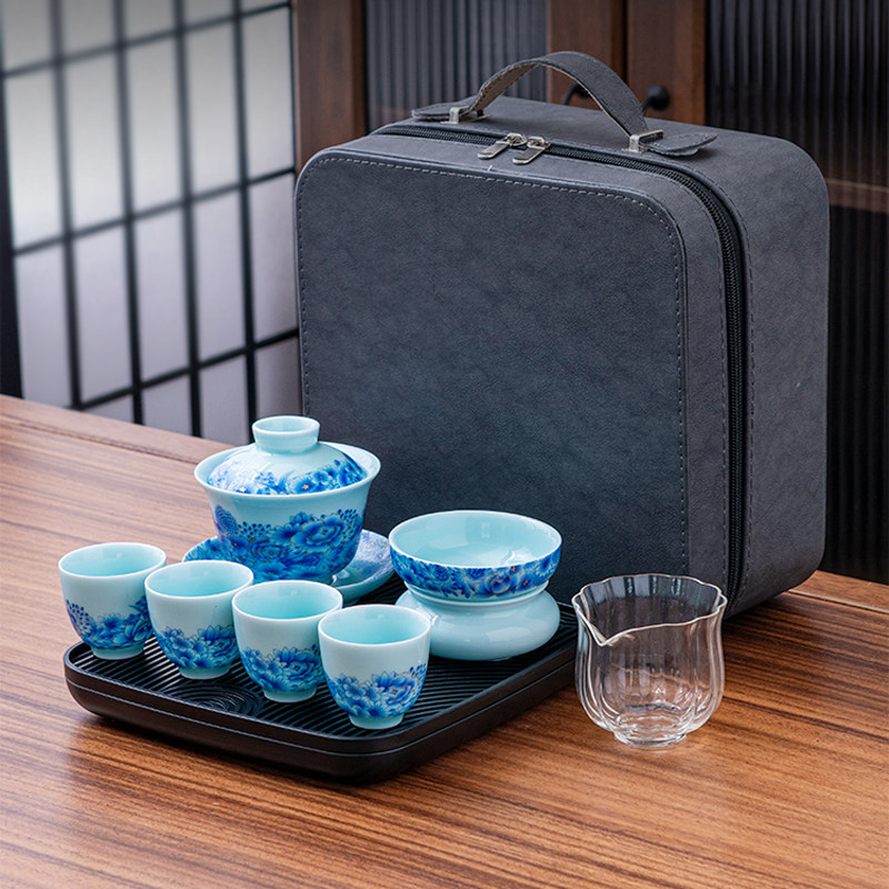 青瓷盖碗茶具套装便携式快客杯户外露营泡茶壶茶杯收纳包套装,餐饮具,旅行茶具,淘宝优惠券,粉丝福利购,淘宝优惠卷