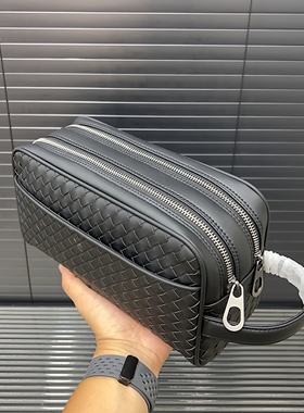 2025新款男士真皮手拿包编织牛皮洗漱包双拉链小手提包男