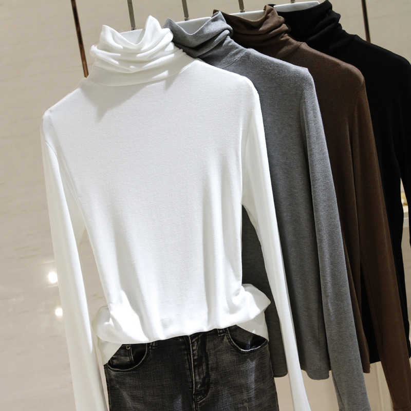 CULV白色堆堆领打底衫女内搭秋冬加绒韩版修身显瘦高领长袖t恤女