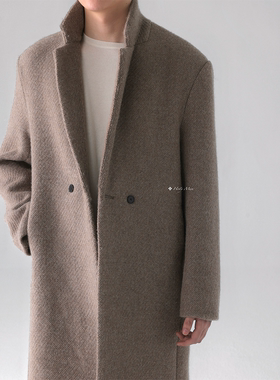 HolyMen | 羊驼羊毛混纺编织纹理小香风驼色中长款毛呢大衣