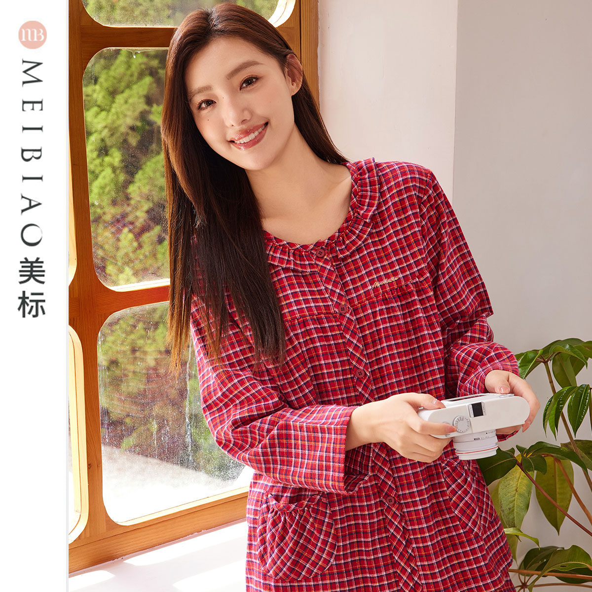 美标春秋新款纯棉女士睡衣格子家居服全棉休闲简约长袖套装可外穿