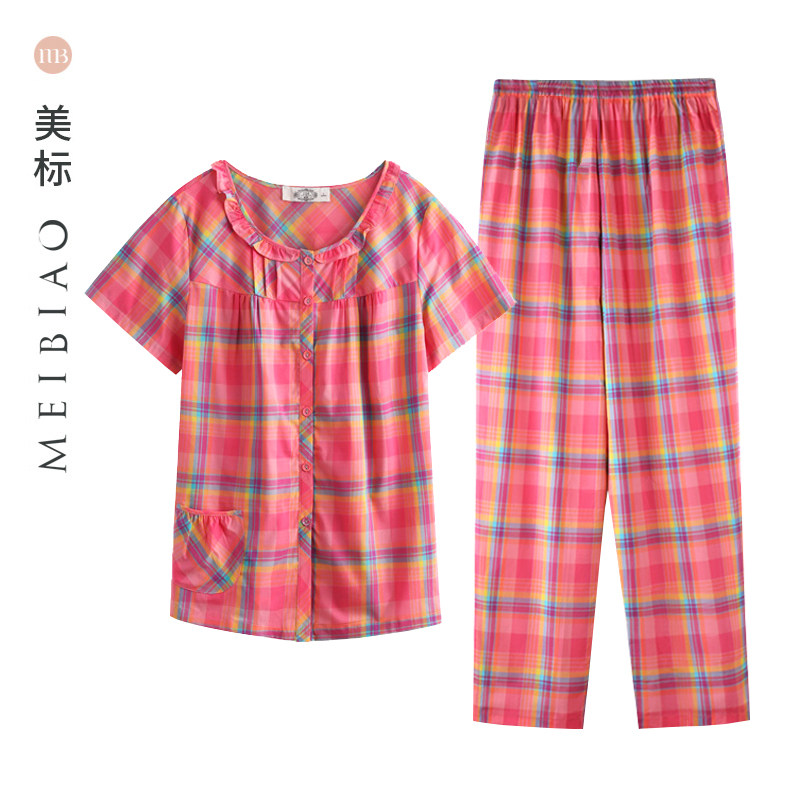 美标新款女士春夏季短袖纯棉睡衣薄款长裤开衫格子家居服两件套装