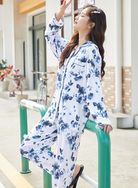 MEIBIAO长袖纯棉睡衣套装女春秋中国风印花全棉质休闲开衫家居服
