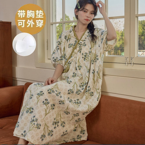 带胸垫一体睡裙女夏季日式薄款纱布和服睡衣夏天短袖睡袍家居服