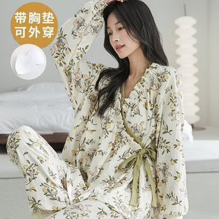 冬 和服甜美宽松月子服家居服套装 带胸垫云朵棉睡衣女士春秋季 长袖