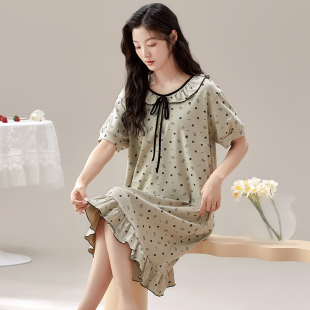 公主领睡裙女夏纯棉短袖中长款可爱甜美睡衣裙夏天韩版性感家居服