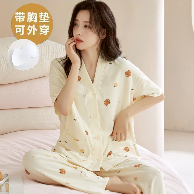 自带胸垫一体睡衣女夏季开衫短袖长裤免文胸韩版可外穿家居服套装