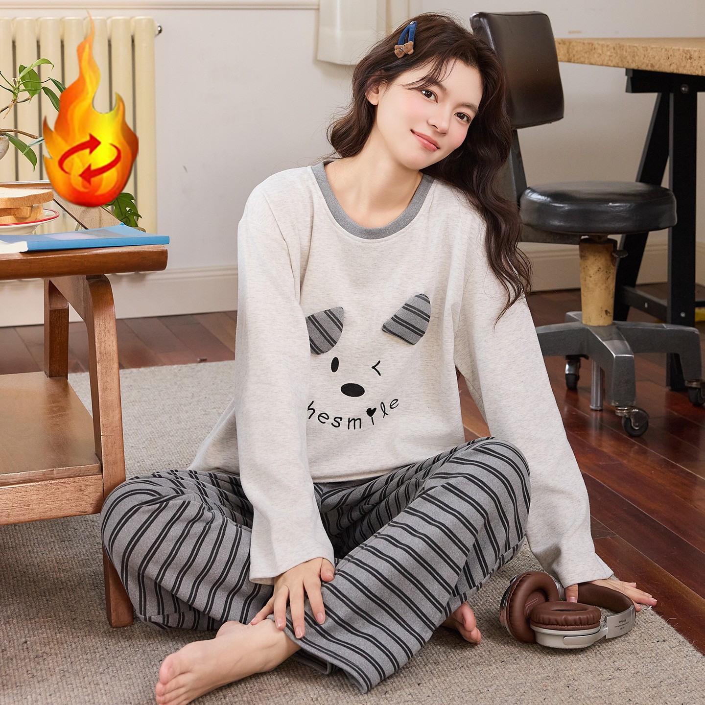 2026秋冬季德绒睡衣女长袖卡通条纹裤加厚羊绒恒温保暖家居服套装