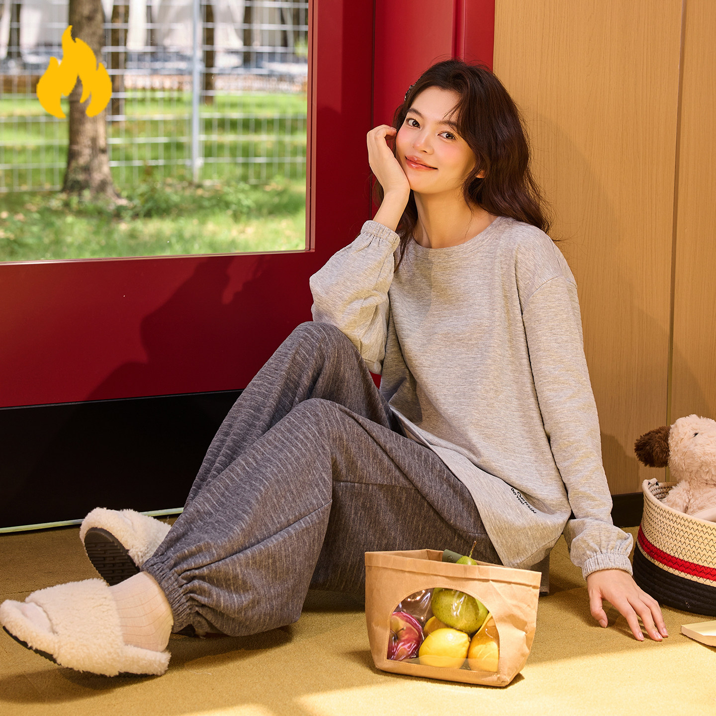 2026秋冬季德绒睡衣女生长袖灰色羊绒保暖条纹裤家居服套装可外穿