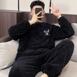 家居服套装 珊瑚绒睡衣男秋冬季 加绒保暖法兰绒学生宿舍5XL加大码