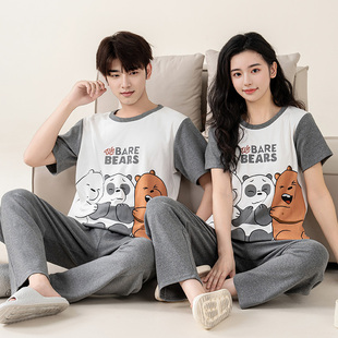 夏季 情侣睡衣女透气棉质卡通小熊短袖 长裤 夏天男青少年家居服套装