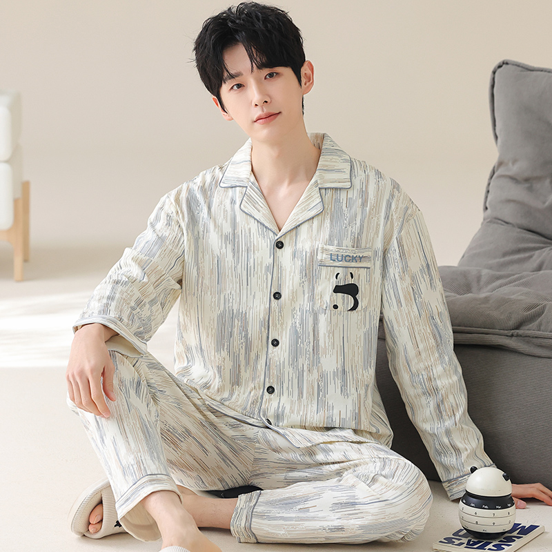 春秋季开衫睡衣男士长袖长裤加大