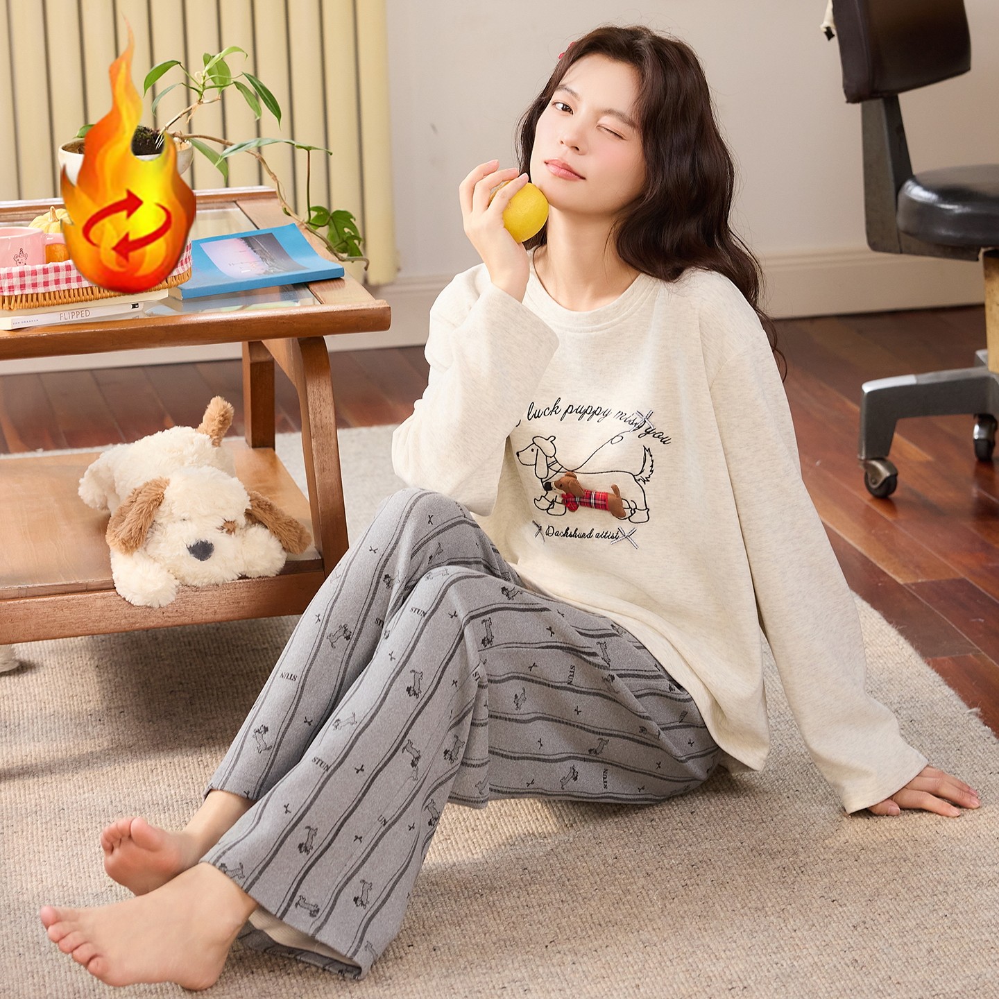 2026秋冬季德绒睡衣女长袖卡通加厚羊绒恒温保暖条纹裤家居服套装