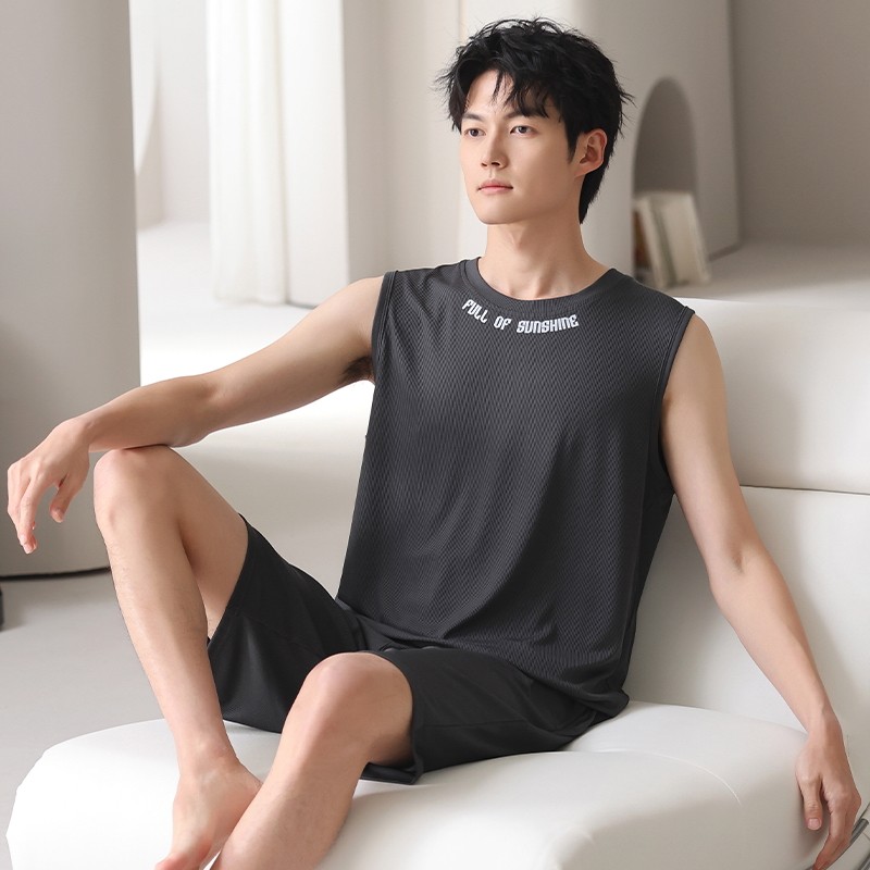 螺纹冰丝睡衣夏季男士背心短裤套装夏天薄款凉感男生家居服可外穿