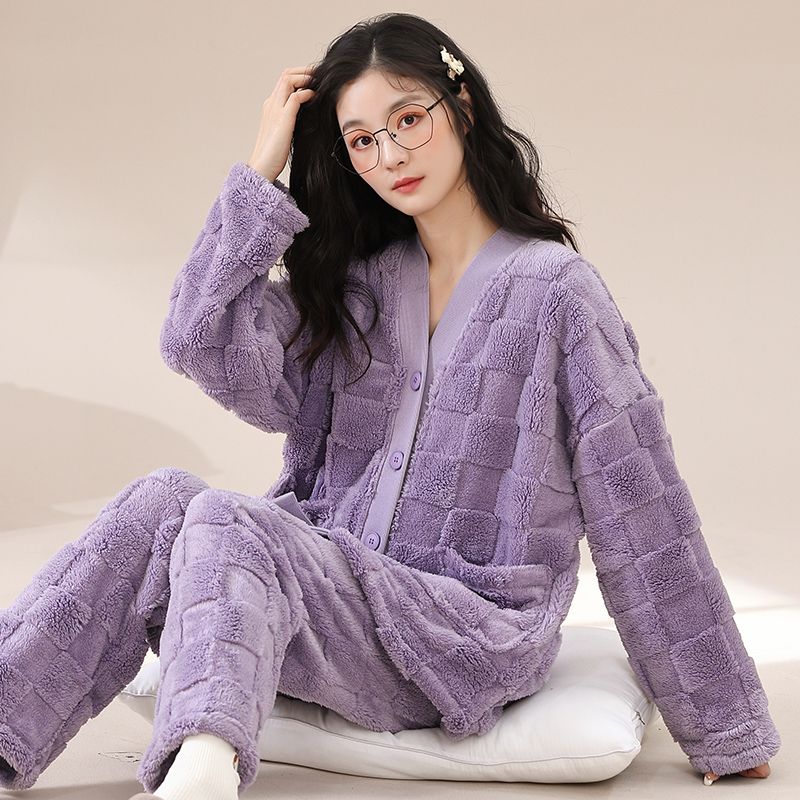 珊瑚绒睡衣女开衫加厚保暖秋冬季新款甜美法兰绒可外穿家居服套装