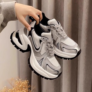 女轻便跑步休闲运动鞋 赵露思同款 7cm厚底银色增高秋冬真皮老爹鞋
