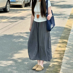 灰色工装 高腰a字长裙伞裙小个子冰丝花苞裙 半身裙女2025夏季 新款