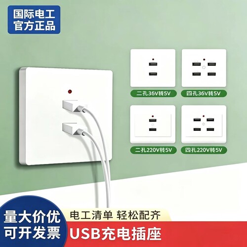 86型明暗装工地家用墙壁usb/type-c低压36v/220vUSB插座快充面板