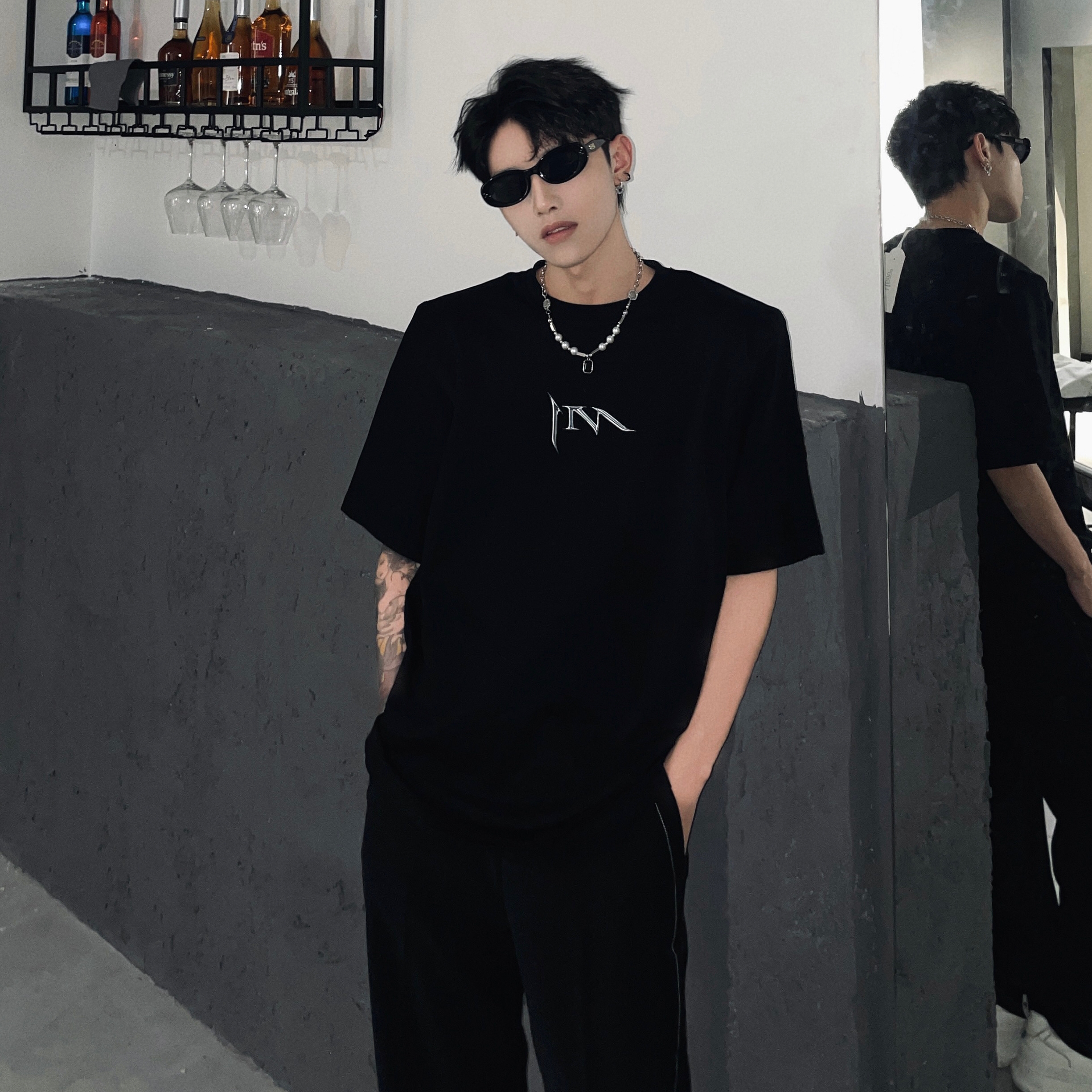 黑沧社/小众印花设计垫肩短袖男