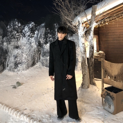 黑沧社/20％羊毛小众设计垫肩毛呢大衣男冬季加厚中长款风衣外套