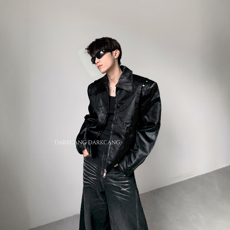 黑沧社/轻奢鳄鱼纹设计感垫肩PU皮衣夹克男秋季高级cleanfit外套