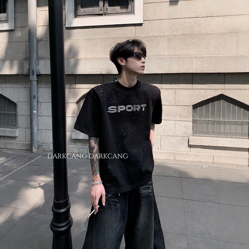 黑沧社/轻奢满天星设计感重磅垫肩短袖男夏季高级感金属装饰T恤潮