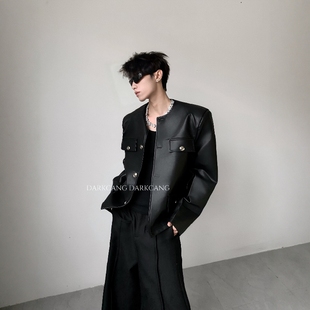 黑沧社 垫肩无领皮衣外套男高级机车服cleanfit夹克 轻奢痞帅短款