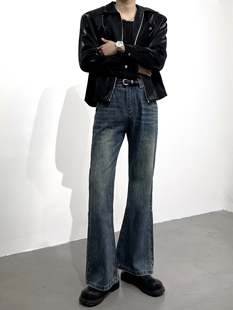 黑沧社/复古设计感微喇叭牛仔裤男直筒高街堆积感cleanfit长裤潮