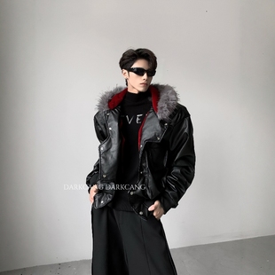 黑沧社/轻奢黑武士风格cleanfit座山雕外套男冬季连帽毛领皮夹克