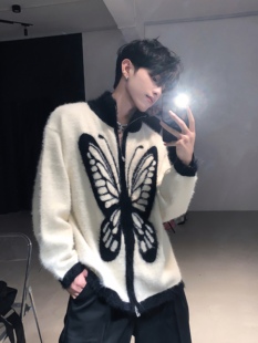 黑沧社/美式复古高级感蝴蝶重磅毛衣男松弛慵懒风针织开衫外套潮