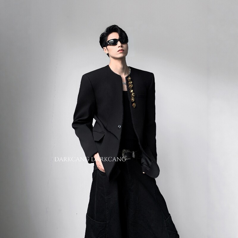 黑沧社/轻奢金花装饰cleanfit修身西装男高级感无领垫肩西服外套