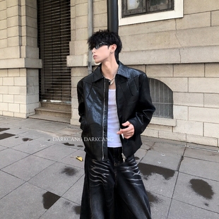 垫肩皮衣夹克男高级感痞帅cleanfit外套 重工设计短款 黑沧社 美式