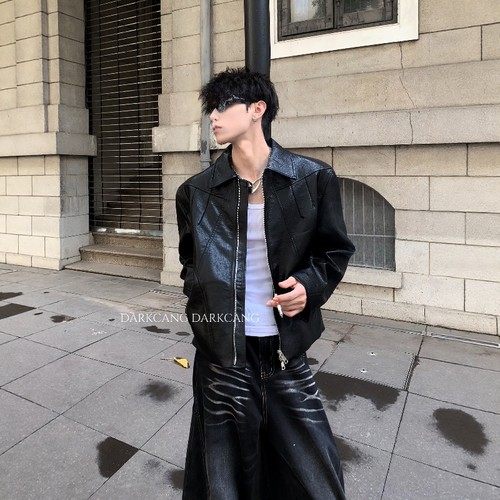 黑沧社/美式重工设计短款垫肩皮衣夹克男高级感痞帅cleanfit外套