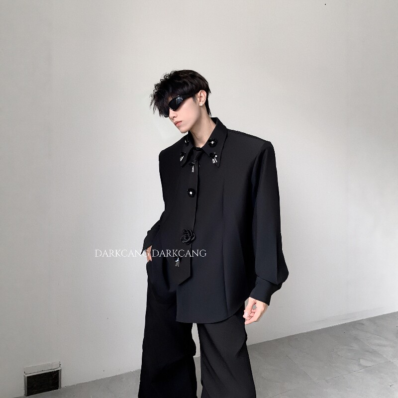 黑沧社/轻奢多装饰设计感带领垫肩衬衫男秋季高级感贵气长袖衬衣