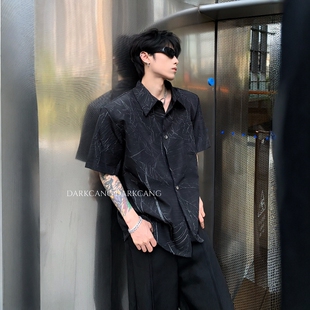 黑沧社/小众肌理感设计黑色垫肩衬衫男款夏季高级感痞帅衬衣短袖