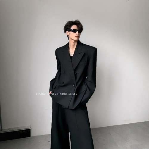 黑沧社/轻奢竖条纹设计感贵气垫肩西装外套男高级感收腰廓形西服