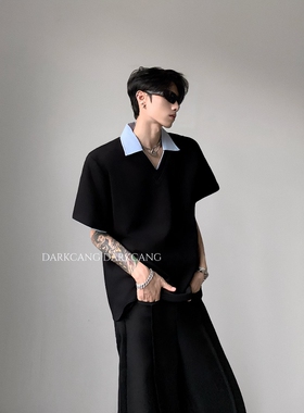 黑沧社/韩国假两件设计感V领短袖男款夏季轻奢高级感廓形重磅t恤