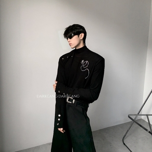 黑沧社/轻奢带钻印花设计感垫肩长袖T恤男贵气高级感cleanfit内搭