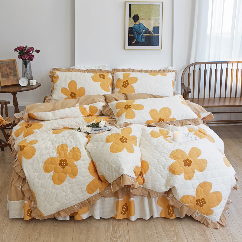 全套纯棉夹棉床罩床裙四件套全棉加厚床套冬被套床上用品1.8m2米