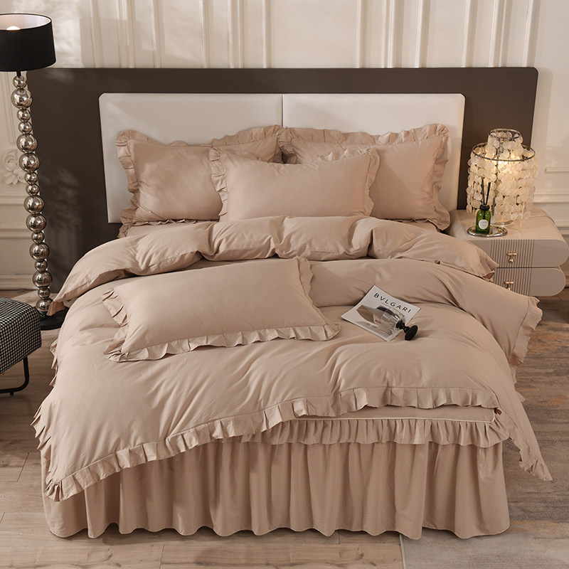 新品A类纯棉床裙四件套纯色全棉裸睡床罩花边被套四季床品1.5m1.8