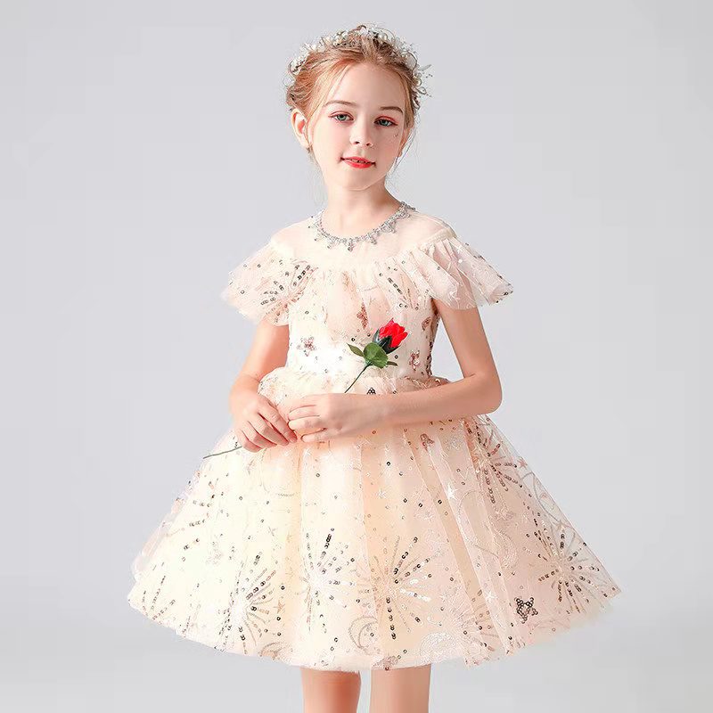 粉色花童蓬蓬纱晚礼服公主裙