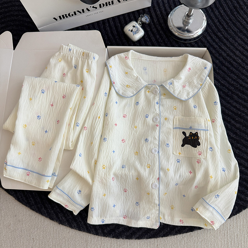 春秋季长袖云朵棉冬天空调服束边湖蓝色姐姐潮小猫咪儿童睡衣女孩