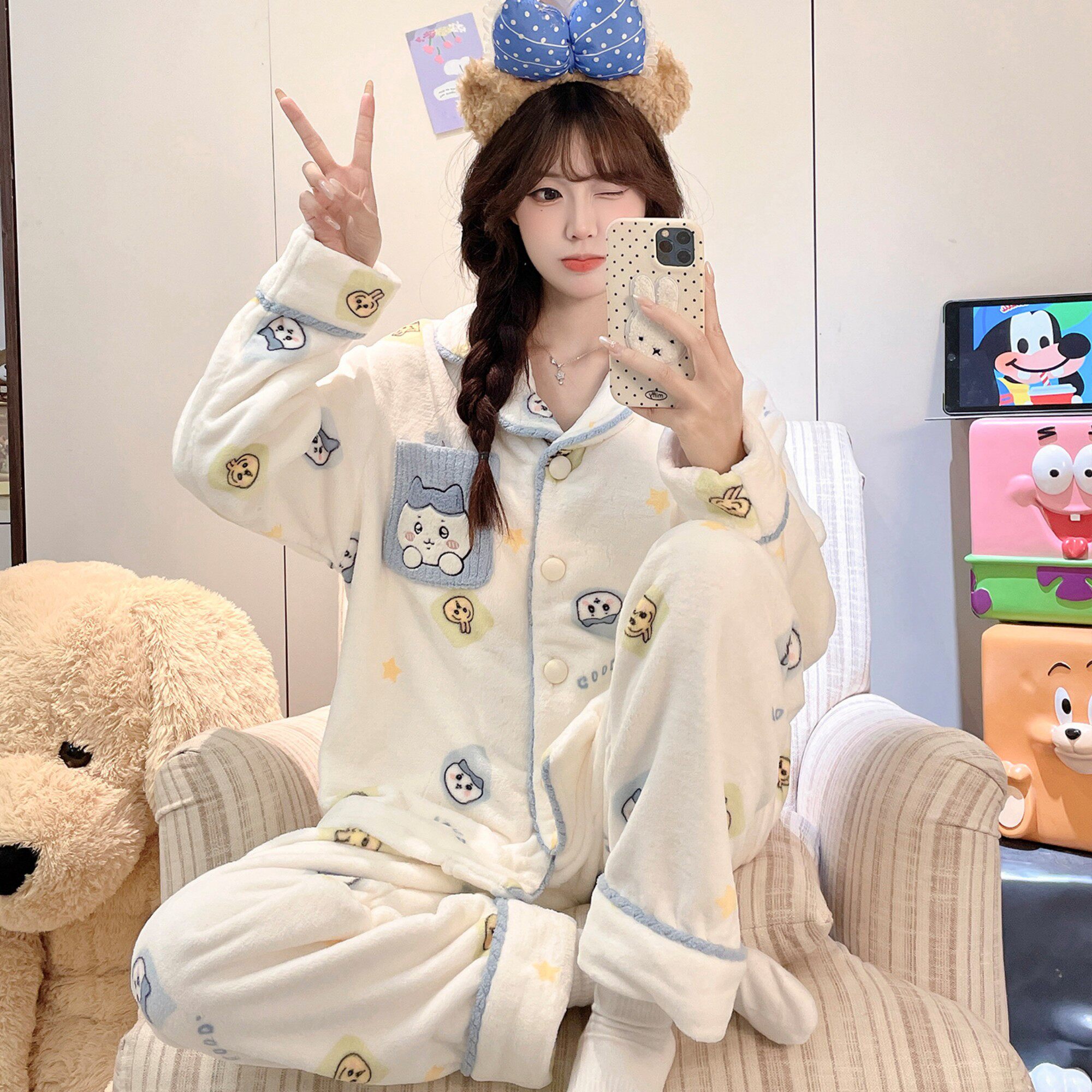 女童睡衣妹妹秋冬款秋冬款冬季套装加厚小狗图案开衫绒空调胖童七