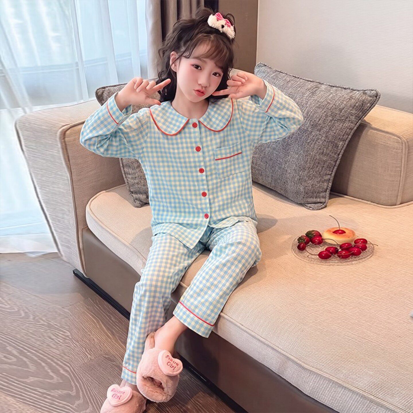 女孩春秋季长袖云朵棉深蓝色空调服冬天卡通兔休息服九岁儿童睡衣