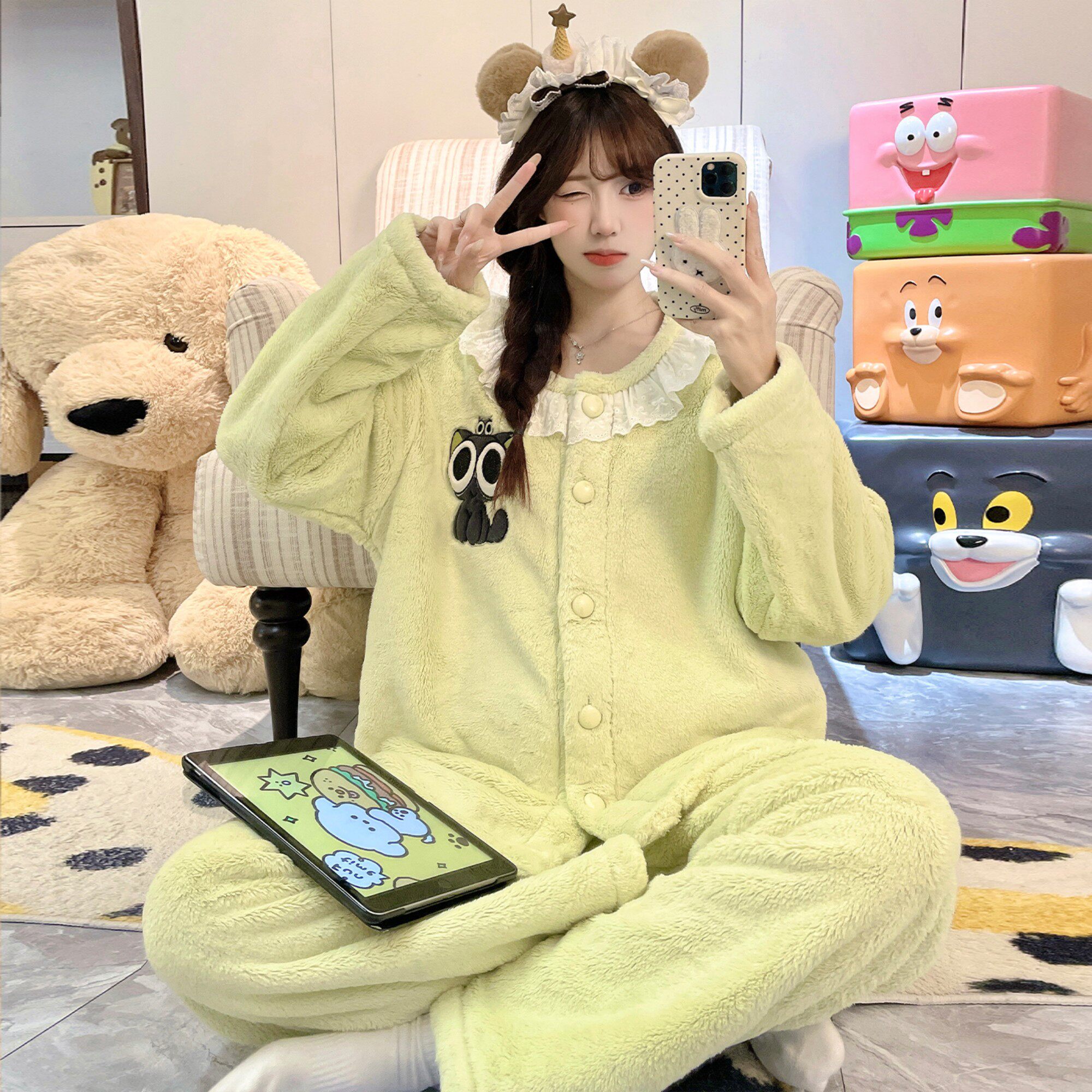 女童睡衣胖童十二岁十岁小猫开衫绒加厚冬季秋冬款秋冬款套装中童