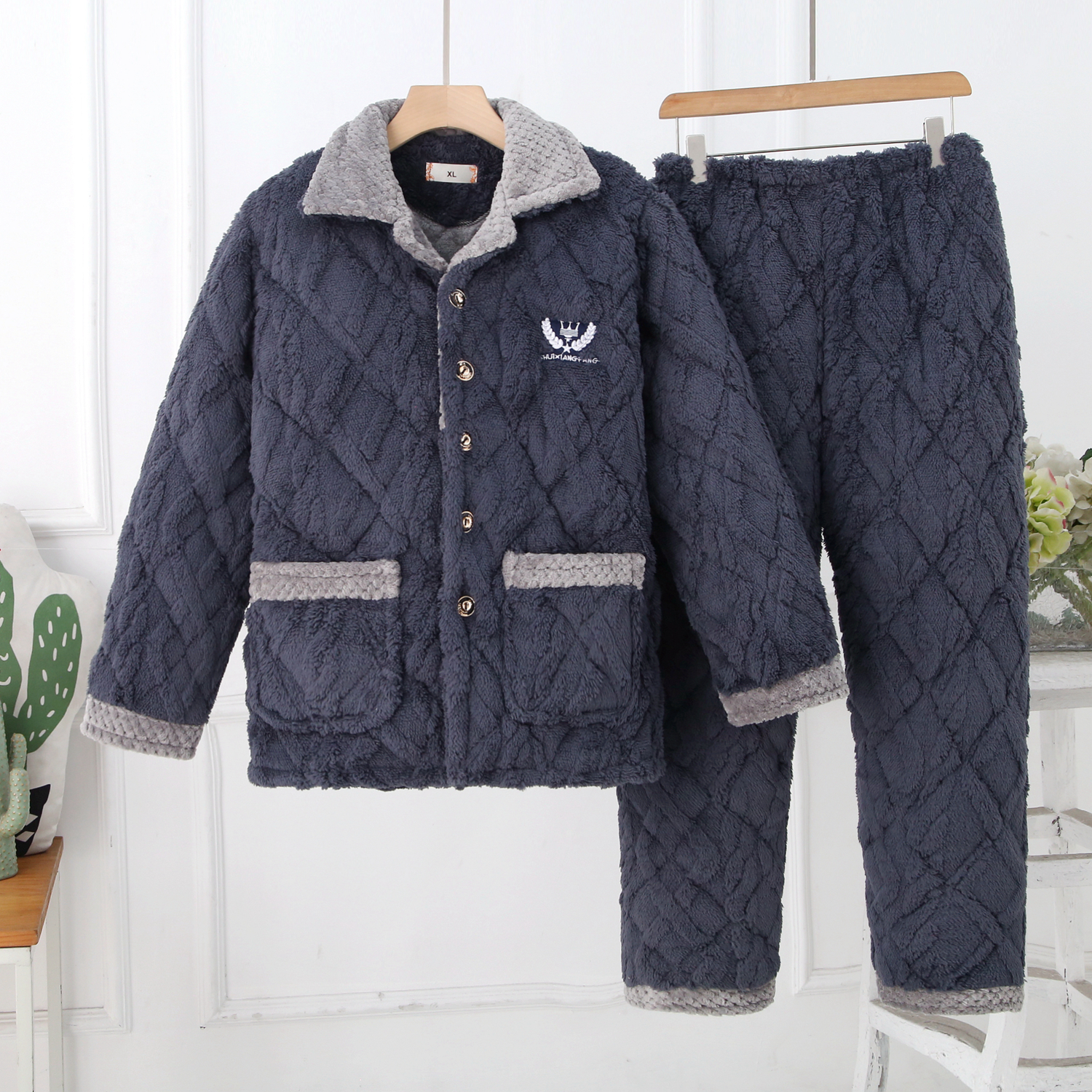 冬季男保暖套装三层加厚套装睡衣